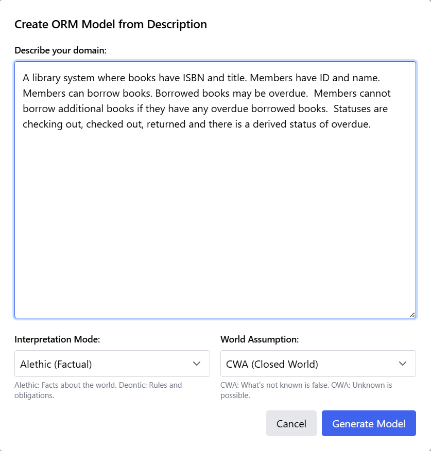 Create ORM Model from Description Dialog